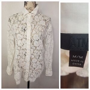 ATM Anthony Thomas Melillo Button Up Shirt M Floral Lace Sheer Panel White